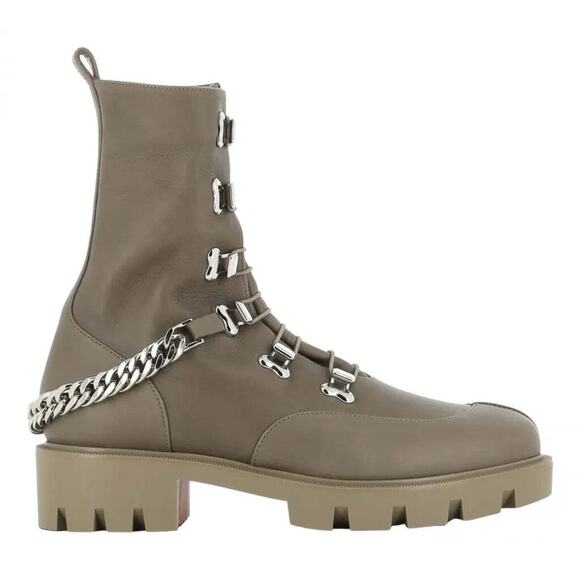 Christian Louboutin Horse Flat Silex Grey Leather Combat Lace Up Chain Boot 37 - Picture 1 of 12